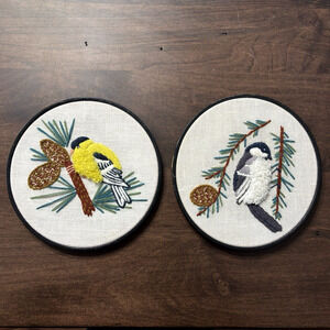 2 Vtg Crewel Embroidery Birds 3D Pictures Art Finch Chickadee Cottage Country